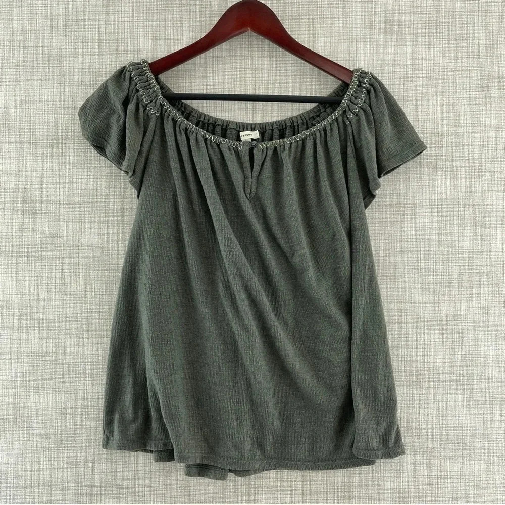 Max Studio Boat Neck Ruffle Cap Sleeve Front Keyhole  Elastic Neckline Blouse L